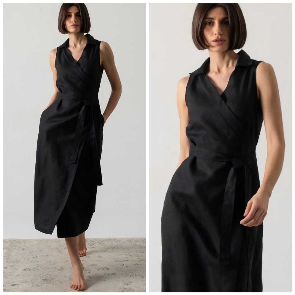 Sleeveless Black Asymmetrical Wrap Dress